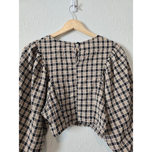 NEW Hyfve Neutral Checkered Puff Sleeve Crop Top S - Picture 6 of 8